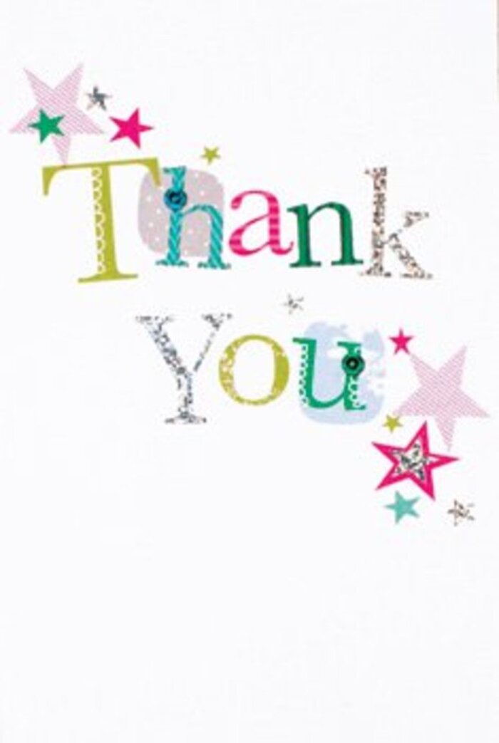 The graceful composition of this thank you card embodies understated exuberance, its thoughtful artistry echoing the gentle rhythms of daily life around Worcester Park. Each letter in 'Thank You' expresses its own unique mood-some with playful dots and artful curves, others with elegant, almost musical forms, together forming a harmonious chorus of colour. Radiant stars in sparkling pink stripes, deep turquoise, and lustrous silver cluster nearby, as if bestowing extra cheer and accentuating the sincerity of the message. The pristine white background brings to mind the clean morning light filtering through the trees of Cuddington Avenue, giving the overall design an airy, contemporary elegance. The arrangement of letters and celestial accents feels neither overly formal nor too casual, striking a perfect balance of warmth and sophistication. This card is the sort one could imagine nestled beside a bouquet prepared for any occasion-an anniversary celebrated at home, a thank you for a neighbour's kindness, or a simple gesture left at a friend's doorstep. The mood it evokes is universally uplifting, as memorable as a sunny stroll along Worcester Park's vibrant streets, making gratitude not just seen, but deeply felt.